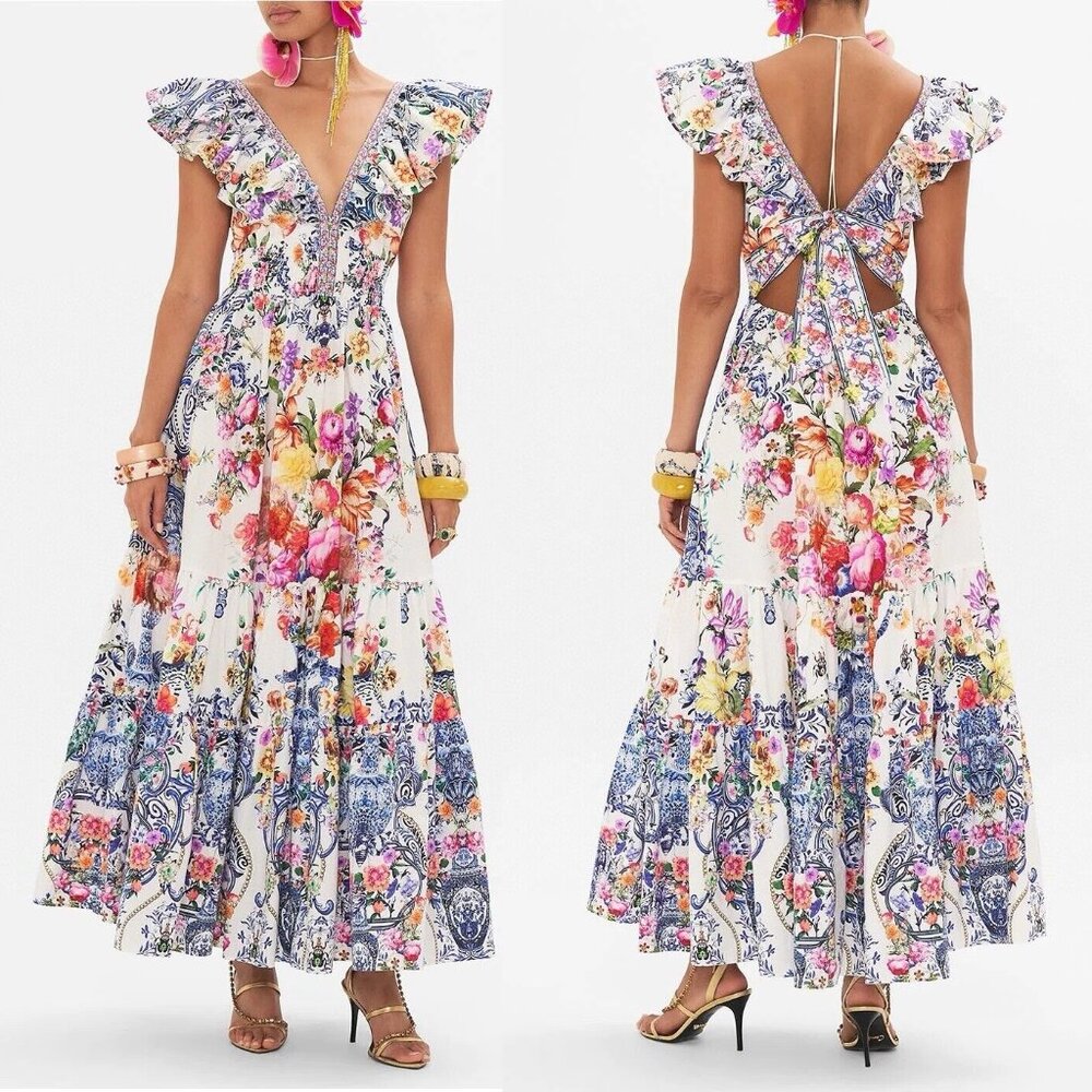 CAMILLA "Dutch Is Life" Tiered Frill V-Neck Open Back Maxi Cotton Dress, L $899 - Picture 7 of 16